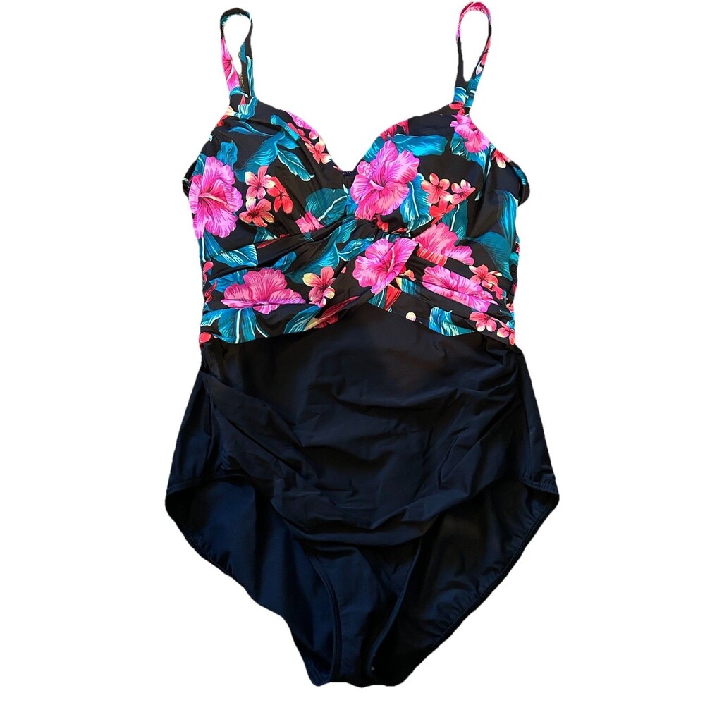 Lands' End Ruched Sweetheart One Piece Swimsuit Black Tropical Size Small